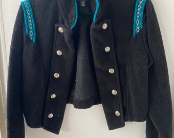 Vintage Black Military Style Embroidered Shoulder/Sleeves- Open Front Jacket/Blazer- Size M