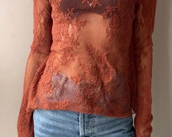 Braune Free People Intim-Kollektion-Langarm-Oberteil- Geschnürt texturierter Stoff- Größe XS