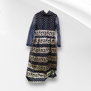 Dark blue gold vintage maxi dress long sleeve 60s formal gown high neck long dress Small medium