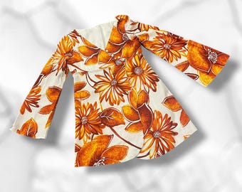 Retro Vintage 70er Jahre orange geblümter Langarm Blümchen Langarmshirt kleine Tunika