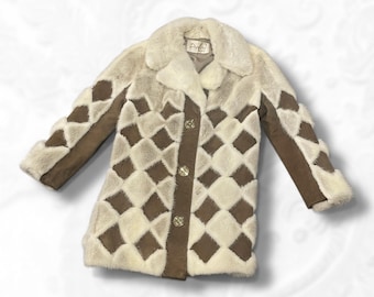 white Fur brown leather vintage 60s jacket womens small geometric diamond winter coat Duplers