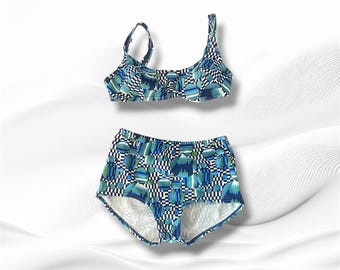 Ensemble bikini vintage pour femme des années 60 à 70, maillot de bain géométrique bleu vert moyen