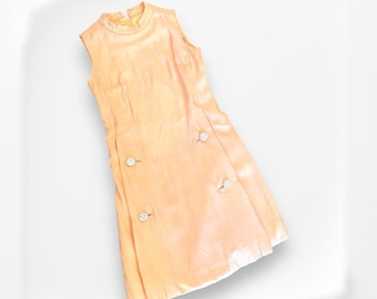 Peach Midikleid Vintage 70er Mode Kleid Retro xs Frau Etuikleid mit Strassknöpfen