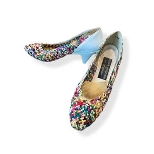 1990s vintage stuart weitzman colorful shoes white womans shoes 90s size 6.5 7