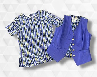 Vintage Escada 90s purple leather vest and silk top vases designer blouse set small womens