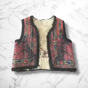 Vintage 60S - 70s small womans leather fur chunky vest Handmade