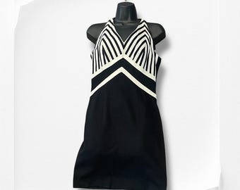Robe pour femme vintage sans manches midi à rayures noires et blanches Linda Segal des années 90