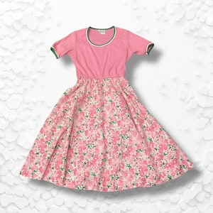 Serbin Pink floral print short sleeve 70s vintage midi vintage womans fit and flare dress