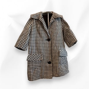 Cappotto da donna bianco e nero anni &#39;60, maniche a 3/4, tasche a quadri, giacca vintage, taglia media grande