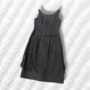 50&#39;s Vintage black fringe sheath dress vintage  small retro dress knee length midi sleeveless