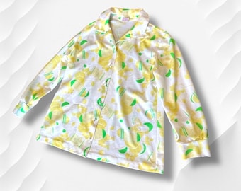 Graff Feminino retrô amarelo manga longa abstrato gola dardo botões médio feminino anos 70 vintage