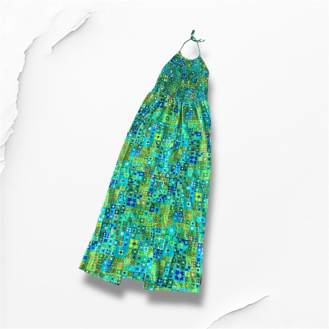 Green Blue Hawaiian Maxi 70s Vintage Dress Womens Medium Sleeveless ...