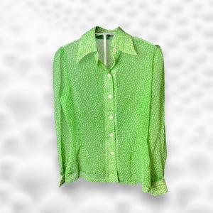 Lime green floral 1970s vintage sheer long sleeve shirt 70s top buttonup seventies small blouse can can age green top dart collar
