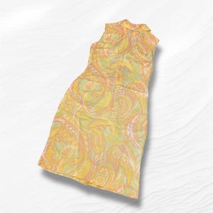 Midi dress vintage 60&#39;s fashion dress small woman&#39;s collared sheath dress yellow green pink