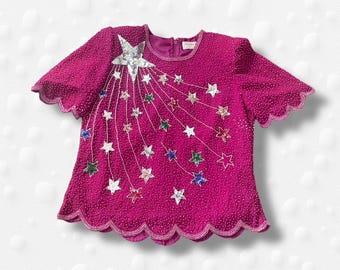 Bluzka damska Creative Touch w kolorze różowym z koralikami, z krótkim rękawem, w stylu vintage z lat 80. i 90., rozmiar średni