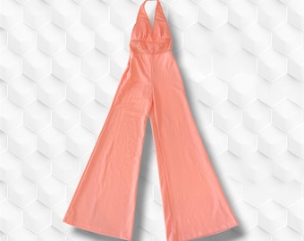 70s vintage womens flare jumpsuit peach pink orange xs