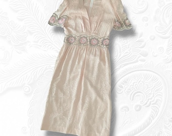 D'pre Vintage, abito midi vintage da donna, anni '80, con stampa rosa pallido, maniche corte, piccolo, da donna, midi, con perline