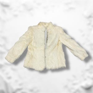 Manteau Fourrure Lapin Vintage Années 70 - Blanc Et Gris, Taille S, Occasion TB