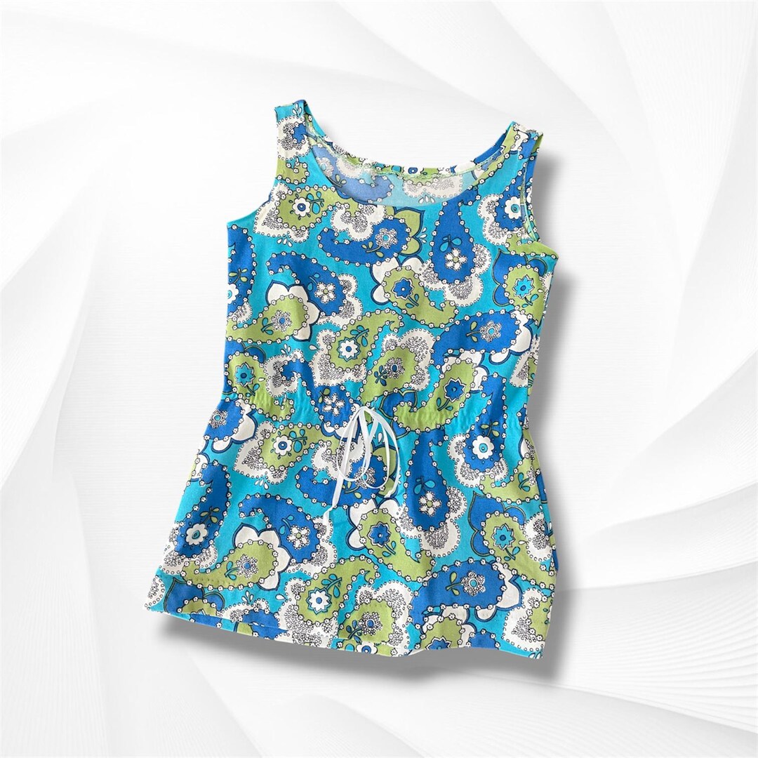 Handmade Womens Vintage 70 Beaded Stank Top Large Floral Blue Green - Etsy