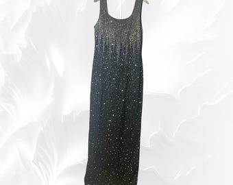 Silk formal black beaded 90s dress Stenay Petite P6 small maxi 1990s