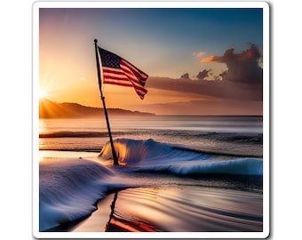 Patriotic American Flag Flying Proudly on a Beach Magnet | Flag Magnet 4th of July USA Fridge Magnet