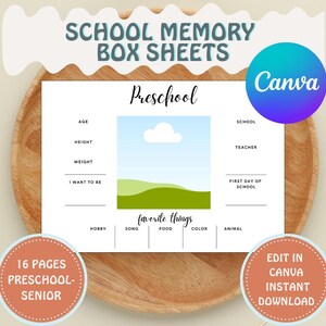 School Memory Sheets, School Memory Box, School Question Sheets, School File Box, Kids File Box, Milestone Tote, Baby Keepsake, Canva Edit