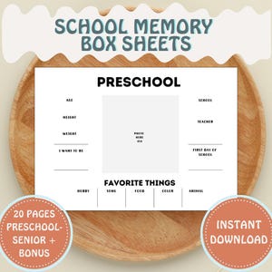 Schule Memory Sheets, Schule Memory Box, Schule Frage Blätter, Schuldatei Box, Kinder Datei Box, Meilenstein Tote, Baby-Andenken Einfach