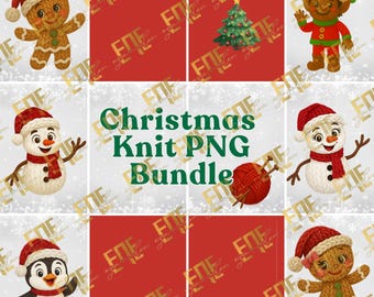 Könnte beinhalten: Ein digitales Weihnachts-Strick-PNG-Bundle mit verschiedenen Weihnachtsfiguren wie Lebkuchenmännern, Schneemännern und einem Pinguin, die alle festliche Hüte tragen. Der Text "Christmas Knit PNG Bundle" ist ebenfalls enthalten.