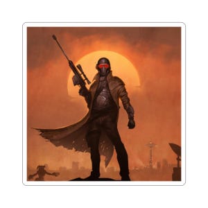 May include: A sticker featuring a digital illustration of a figure in a post-apocalyptic setting. The figure, clad in a long coat and helmet, holds a rifle against a sunset backdrop. The image has a warm color palette with shades of orange and brown.