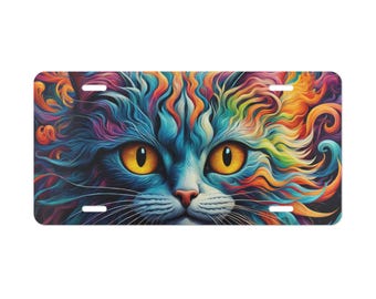 Buntes Katzen-Waschschild2, lebendiges Haustier-Nummernschild, lustiges Auto-Dekor, einzigartiges Geschenk für Katzenliebhaber, buntes Fahrzeugzubehör
