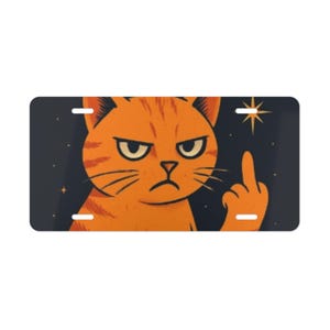 May include: Orange tabby cat illustration on a license plate, with an angry expression and raised middle finger. The background is dark blue with small white stars and a gold starburst.