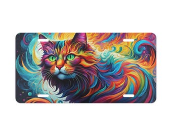 Buntes Katzen Nummernschild 5, Einzigartiges Autodekor, Geschenk für Tierliebhaber, Personalisiertes Nummernschild, Funky Cat Art