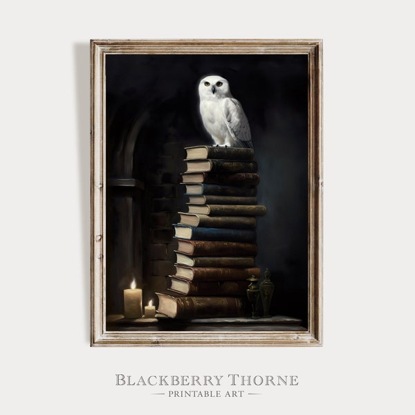 White Owl with Books | Dark Academia Decor | Vintage Moody Dark Academia Printable Art | Printable Gothic Painting