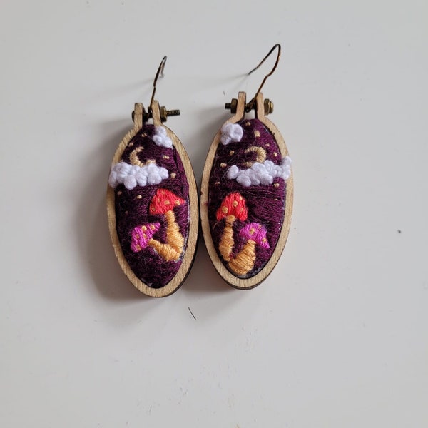 Hand-embroidered Moon and Mushroom Earrings