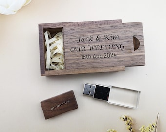 May include: A wooden box with a USB drive inside. The box is engraved with the text "Jack & Kim Our Wedding 18th Aug 2024". The USB drive is labeled "memories".