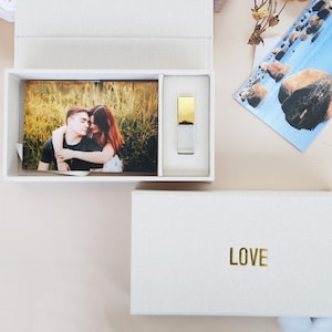 Beige Creme Foto USB Leinenbox | 4 x 6 cm Hochzeit Geschenkbox | Folienprägung personalisierte Boxen | Fotograf Geschenke für Kunden|unsere Hochzeit