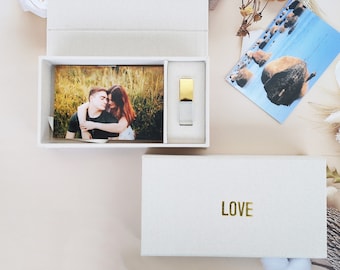 Beige Creme Foto USB Leinenbox | 4 x 6 cm Hochzeit Geschenkbox | Folienprägung personalisierte Boxen | Fotograf Geschenke für Kunden|unsere Hochzeit