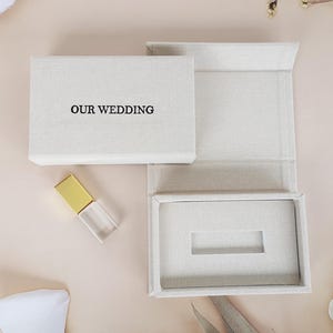 Cream Beige Linen USB Box | Custom photographer USB gift Box | Foil Hot Stamp Wedding USB Box for Crystal Glass usb