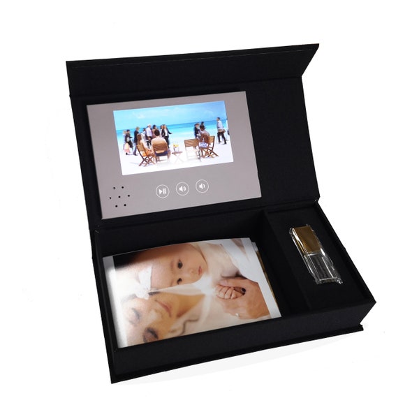 Boîte à linge photo pour album de 4 x 6 pouces avec lecteur vidéo, clé USB Crystal, brochure vidéo LCD 5 pouces, carte de voeux vidéo