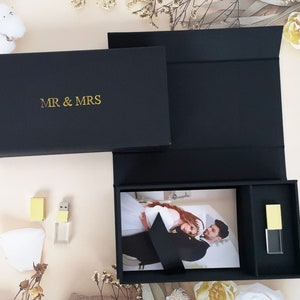 Zwart linnen USB-fotodoos | 4*6 inch trouwfotodoos | custom doos foliedruk met logo of teksten