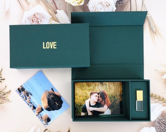 Personalized Photo & USB linen box-Emerald  Green color