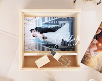 Kostenlose gravierte Holz Foto USB Album Box mit Holz USB Stick | für 10 * 15 cm (4 * 6 Zoll) Fotos |  USB 3.0 8GB-128GB | Hochzeitsgeschenk Paket