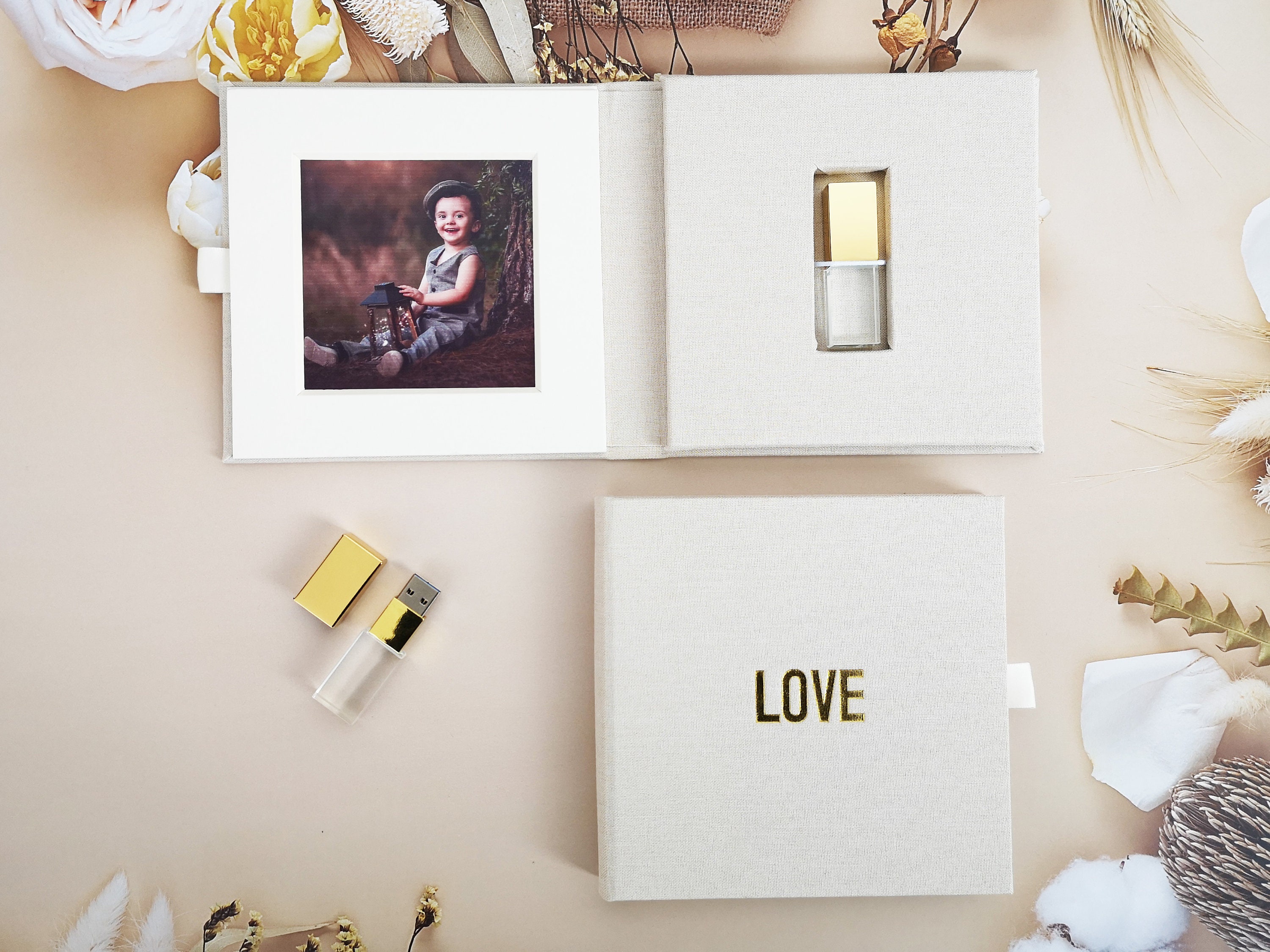 Folio Magnet USB Leinen Box Foto Geschenkboxen mit Band -Hochzeit USB Box, USB Folio Fall