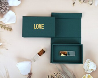 Personalisierte Smaragdgrün Leinen USB Box | Folie Hot Stamping Hochzeit USB Box für Kristallglas usb