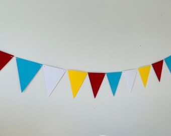 Red, Blue White Yellow Triangle Pennant Garland, Circus Pennant Garland, Toy Story Party Decorations, Circus Birthday Party Garland