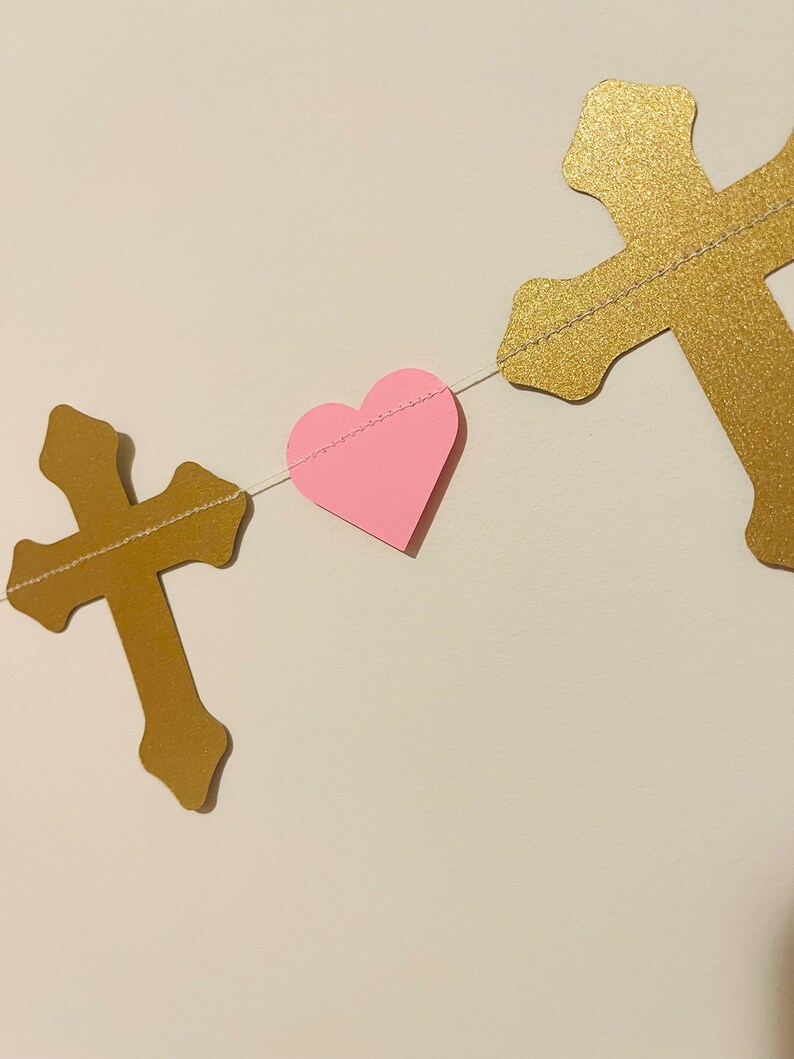 Cross Baptism Garland, Gold Cross and Pink Heart Garland, First