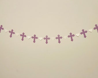 Christening Cross Garland, Purple and White Baptism Decorations, Baby Dedication Decor, First Communion Garland, Cross and Heart Garland