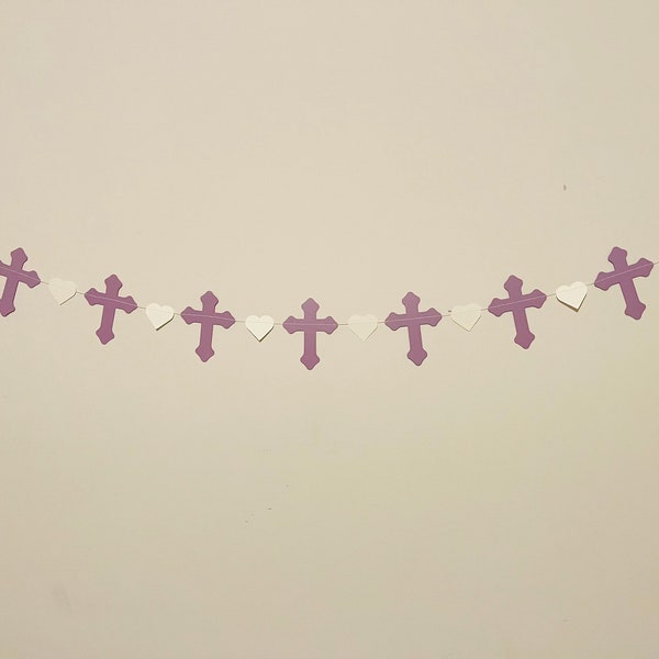 Christening Cross Garland, Purple and White Baptism Decorations, Baby Dedication Decor, First Communion Garland, Cross and Heart Garland