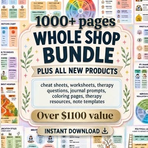 Whole Shop Therapy Bundle, Therapy Prints, CBT DBT IFS Worksheets, Therapy Questions, Journal Prompts, Coloring Pages, Counseling Resources