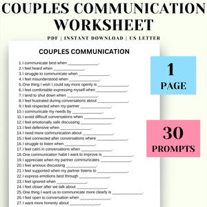 Może przedstawiać: Arkusz komunikacji dla par z pytaniami dotyczącymi poprawy relacji. Dokument oznaczony jest jako "Couples Communication Worksheet" i zawiera 30 pytań na jednej stronie. Niebieskie pole wskazuje "1 PAGE", a różowe pole wskazuje "30 PROMPTS".